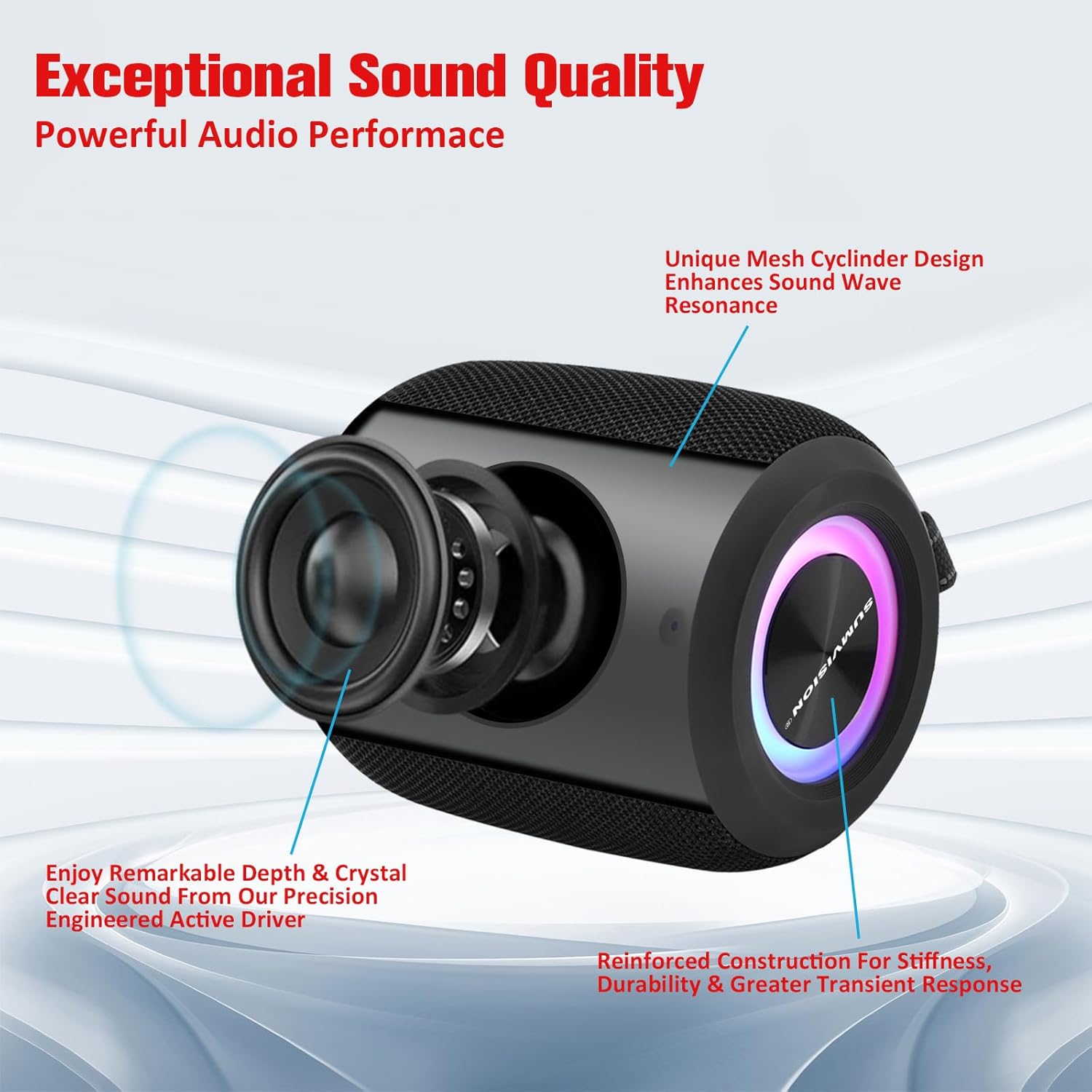 Portable Bluetooth Speaker 16W Stereo RGB Lights 21H Battery TWS