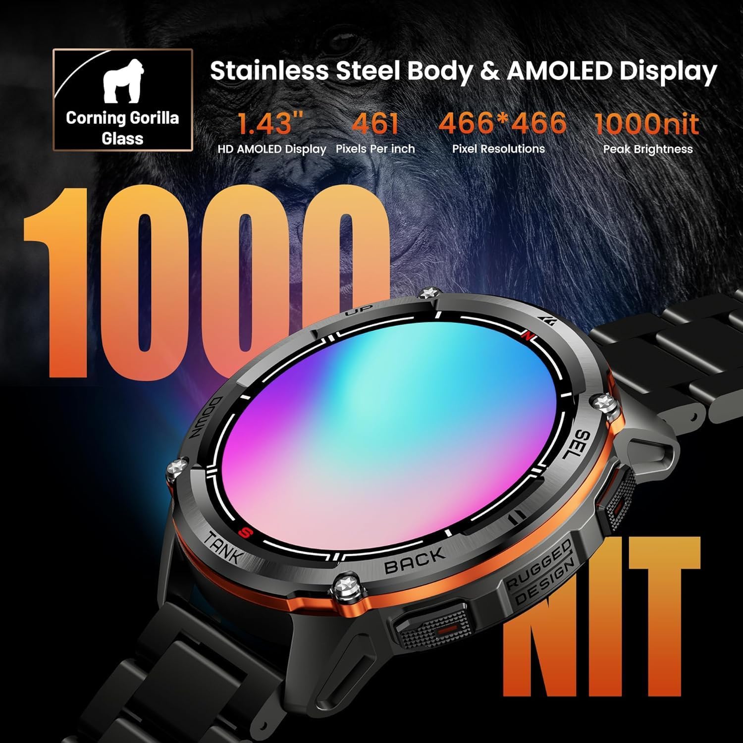 Rugged GPS Smart Watch AMOLED Metal Strap 170 Sport