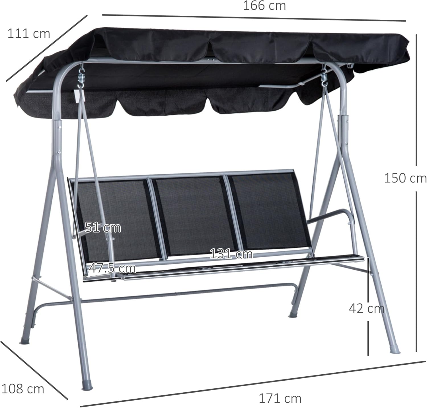 3 Seater Garden Swing Chair with Canopy Black