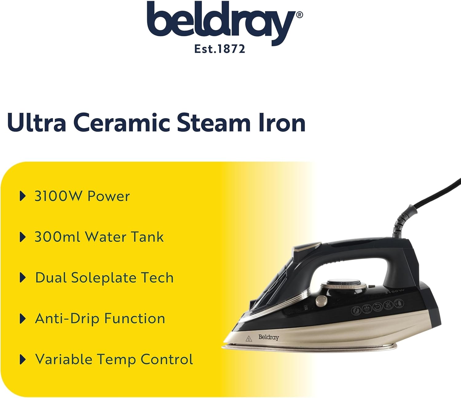 3100W Steam Iron Ceramic Soleplate 300ml Tank 200g Steam Boost