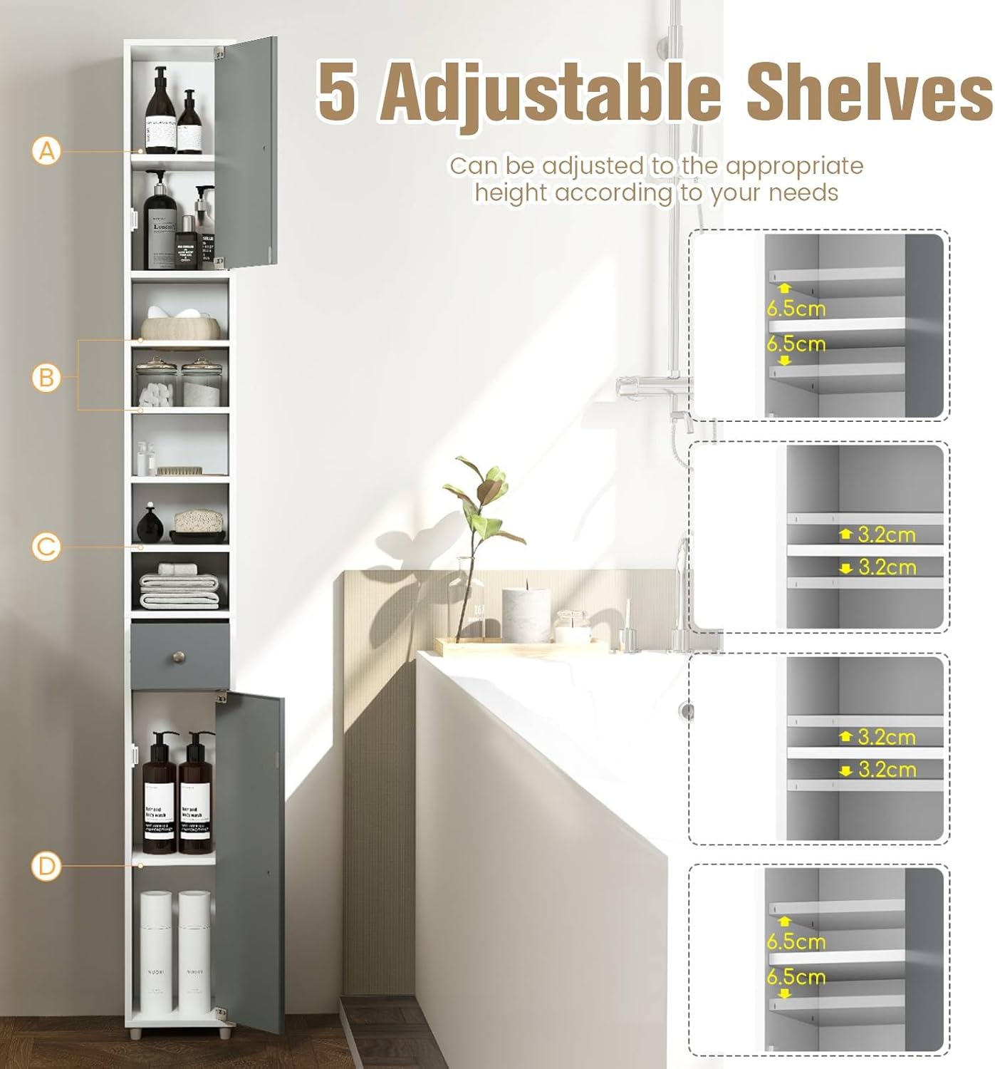 Tall Slim Storage Cabinet Grey White Drawer Shelf Unit