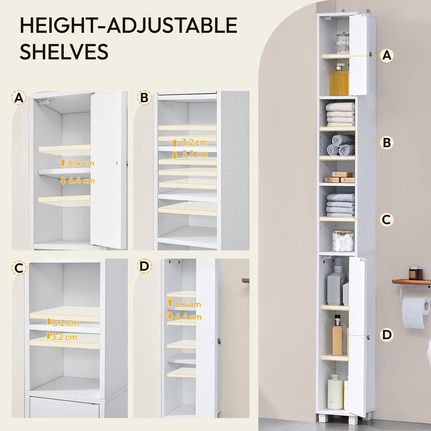 Tall Slim Bathroom Storage Cabinet 6 Adjustable Shelves White 181cm