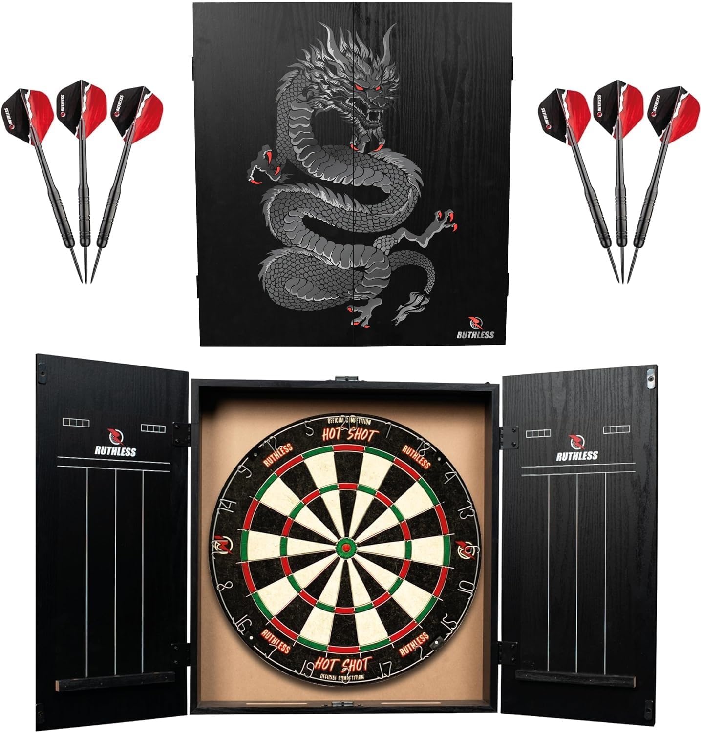 Dart Board Cabinet Set LED Light USB Home Darts Kit Wood