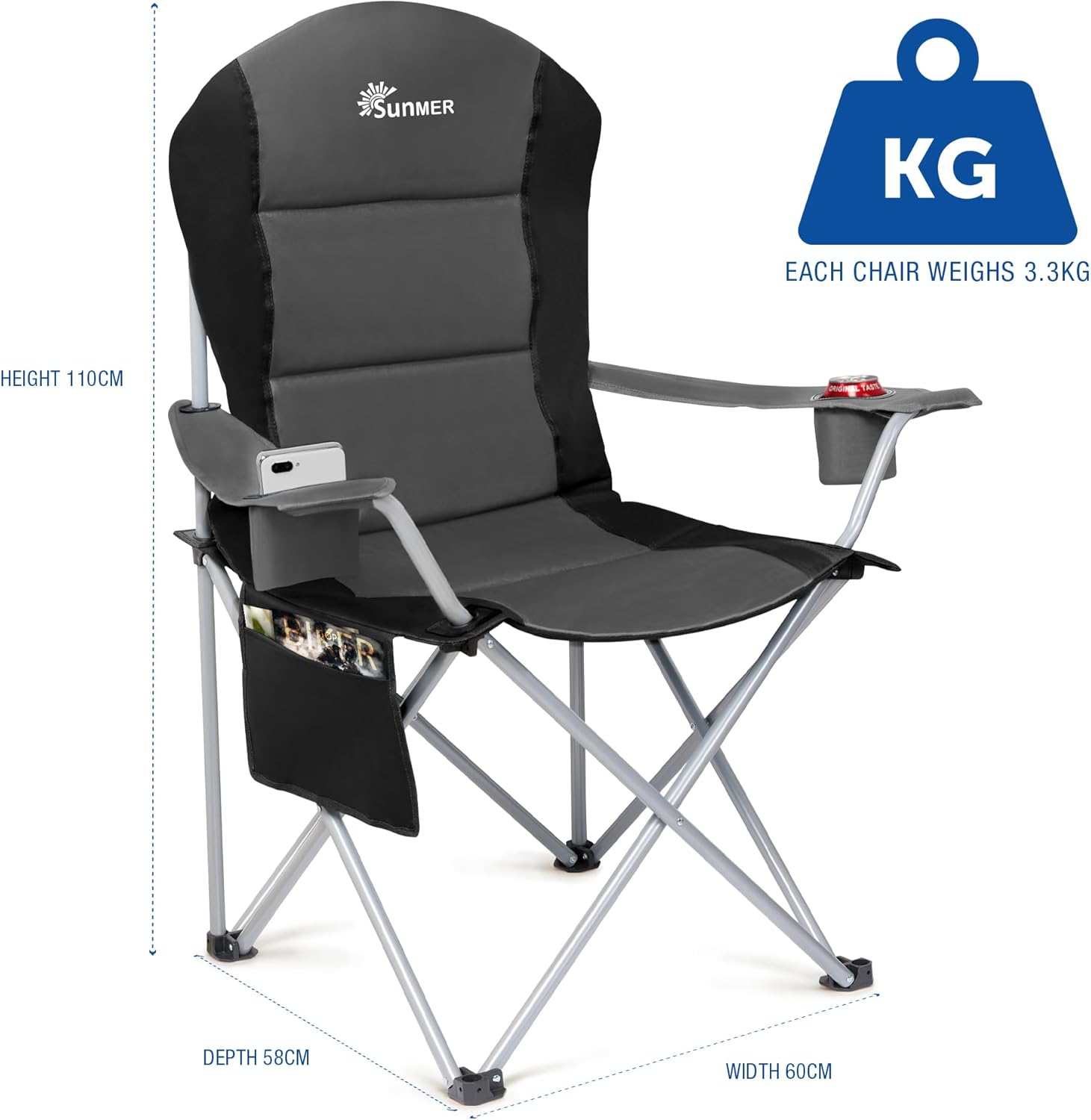 Padded Camping Chairs 2 Pack Deluxe Folding Chairs Grey