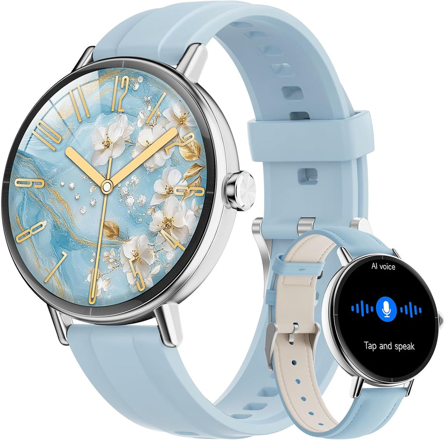 Round Smart Watch Bluetooth Calling Fitness Tracker Blue 2 Bands