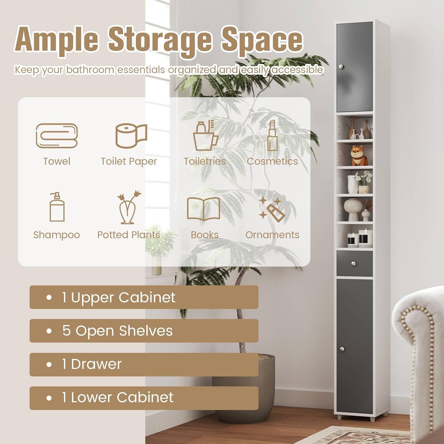 Tall Slim Storage Cabinet Grey White Drawer Shelf Unit