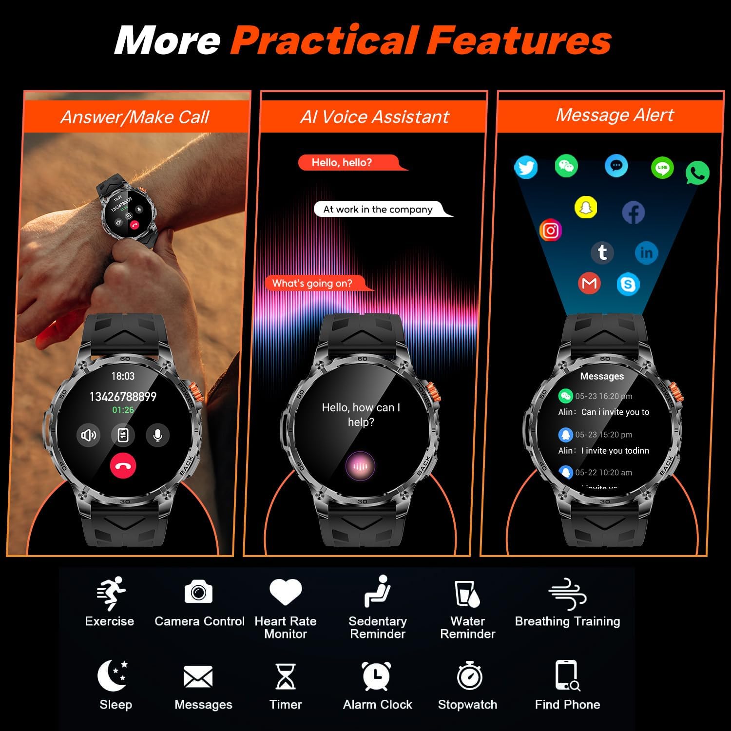 Mens Smart Watch 1000mAh Bluetooth Call 100 Sports