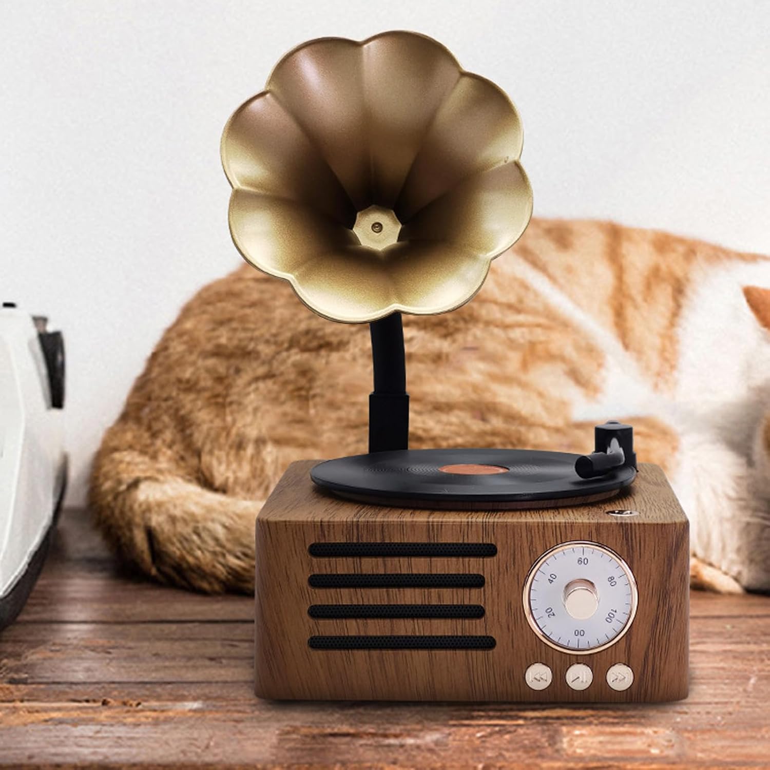 Vintage Bluetooth Speaker with Copper Horn FM Radio Wood Grain