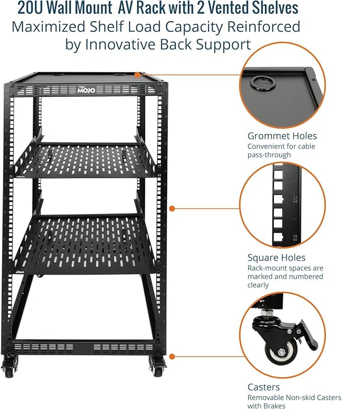 20U Open Frame Server AV Rack Mobile 4 Post Black