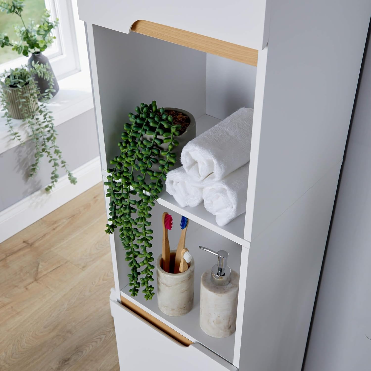 Slim Bathroom Tall Cabinet 6 Shelf Storage Unit White