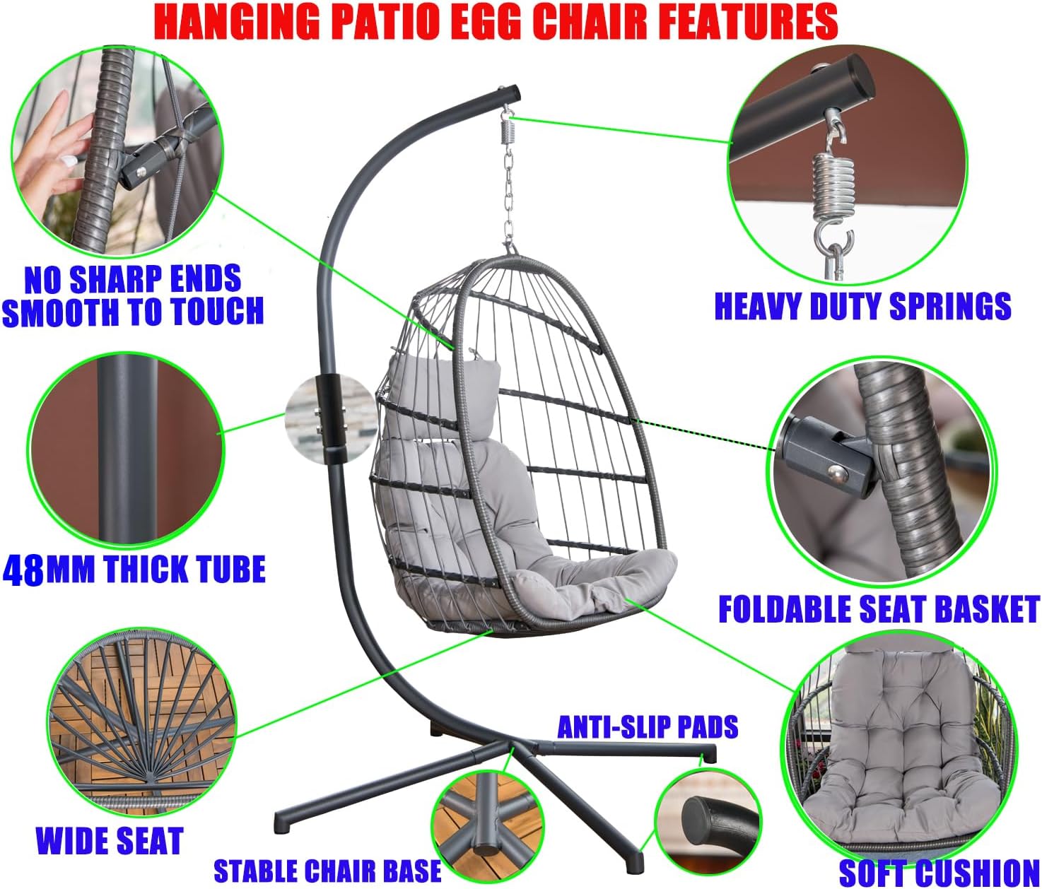 Egg Chair with Stand Cushion Cover Foldable Grey