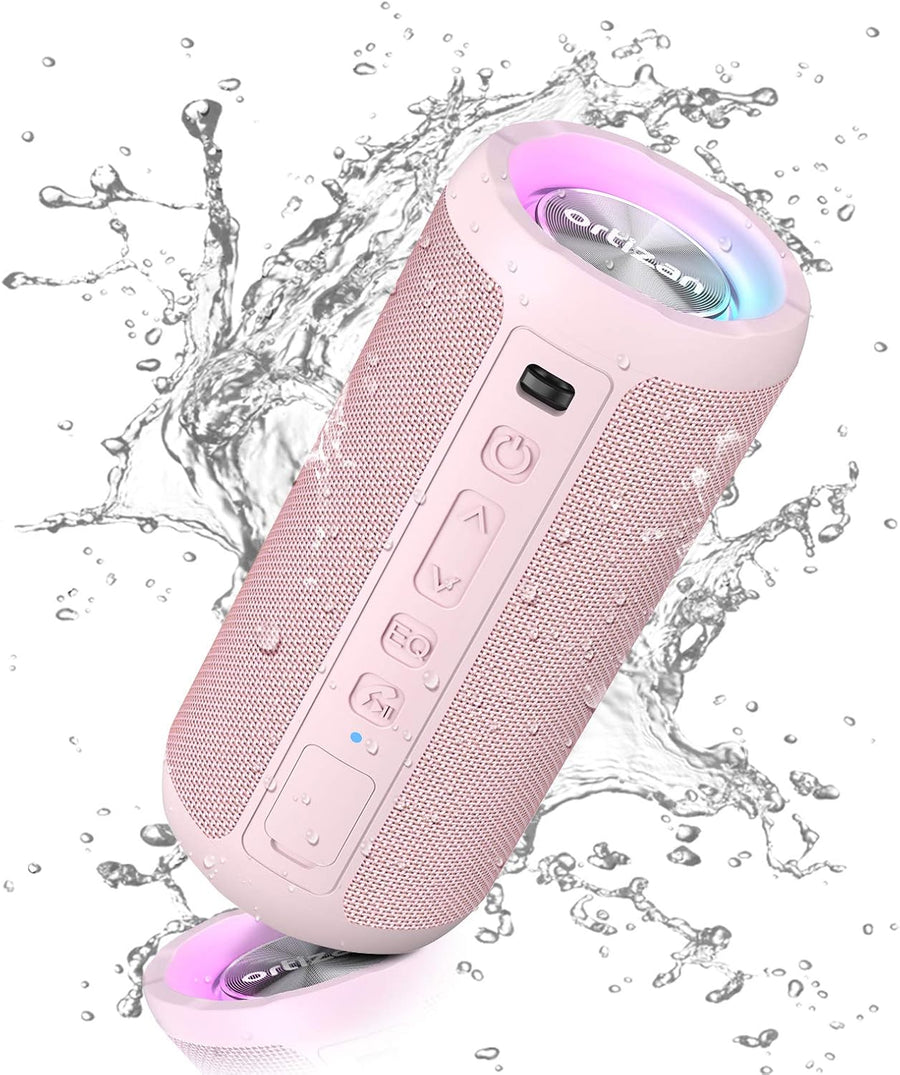 Pink Bluetooth Speaker 24W Loud Bass LED Lights IPX7 30H