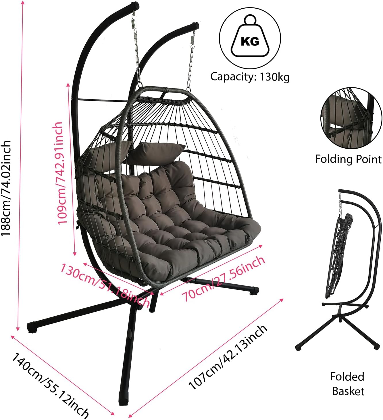 Double Egg Chair Swing Rattan Hanging Seat Stand Cushions Grey