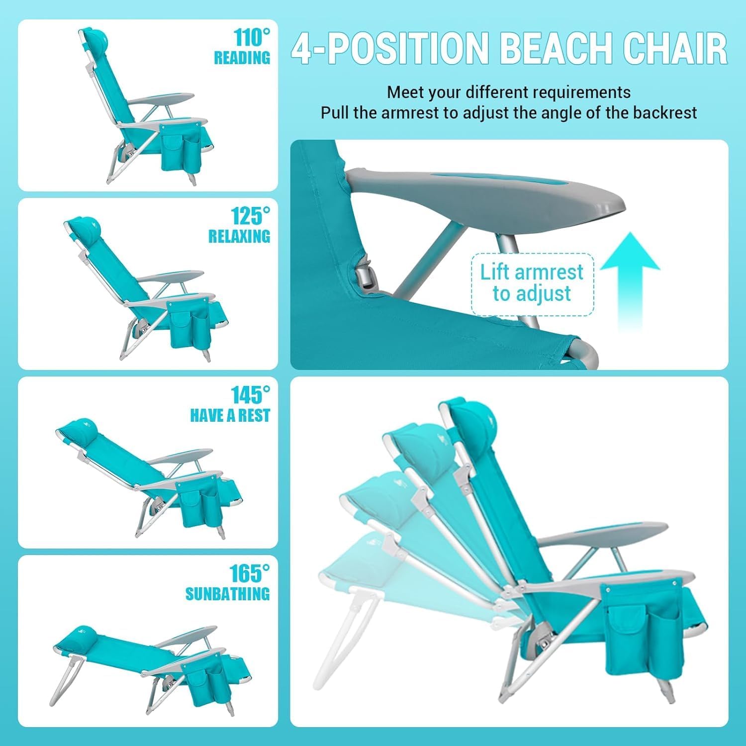 2 Pack Cyan Adjustable Beach Chairs Folding Reclining Seats