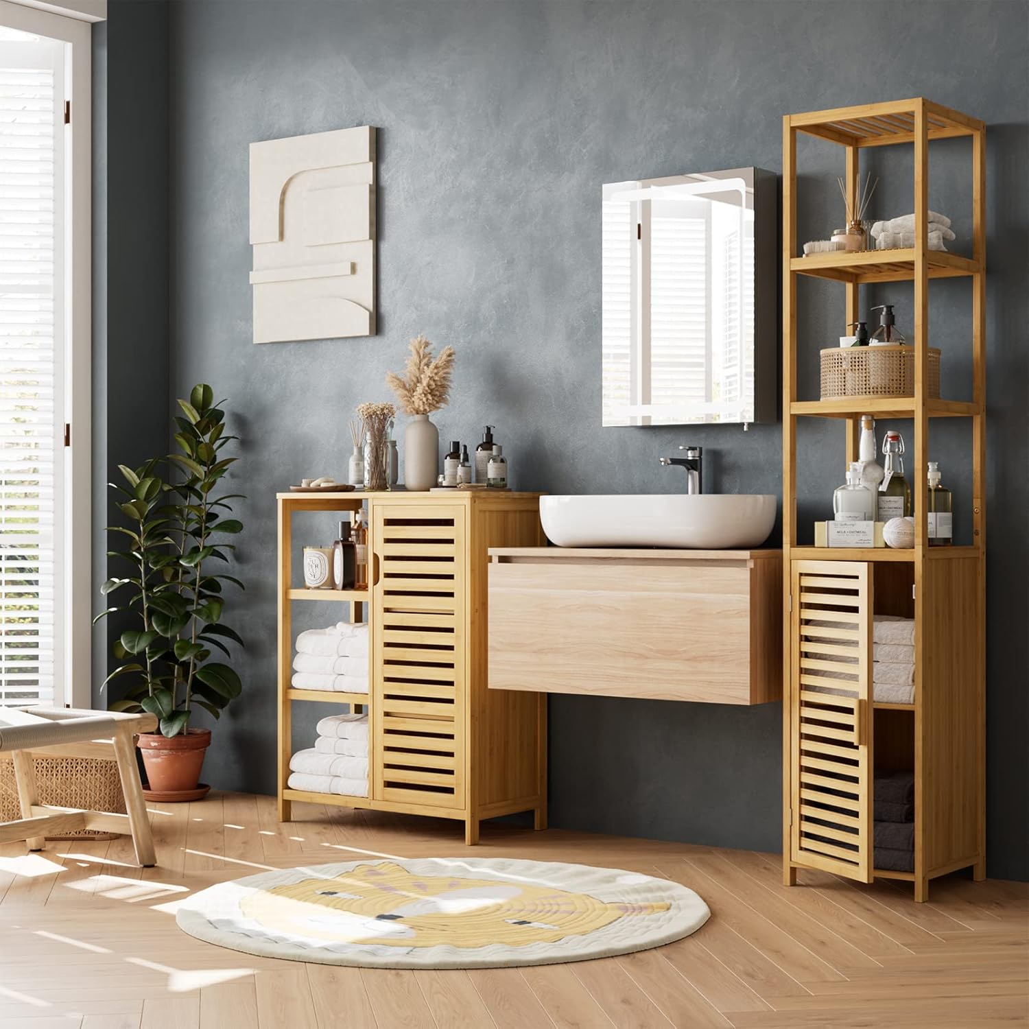 Tall Bamboo Bathroom Storage Cabinet 3 Shelves Door Natural