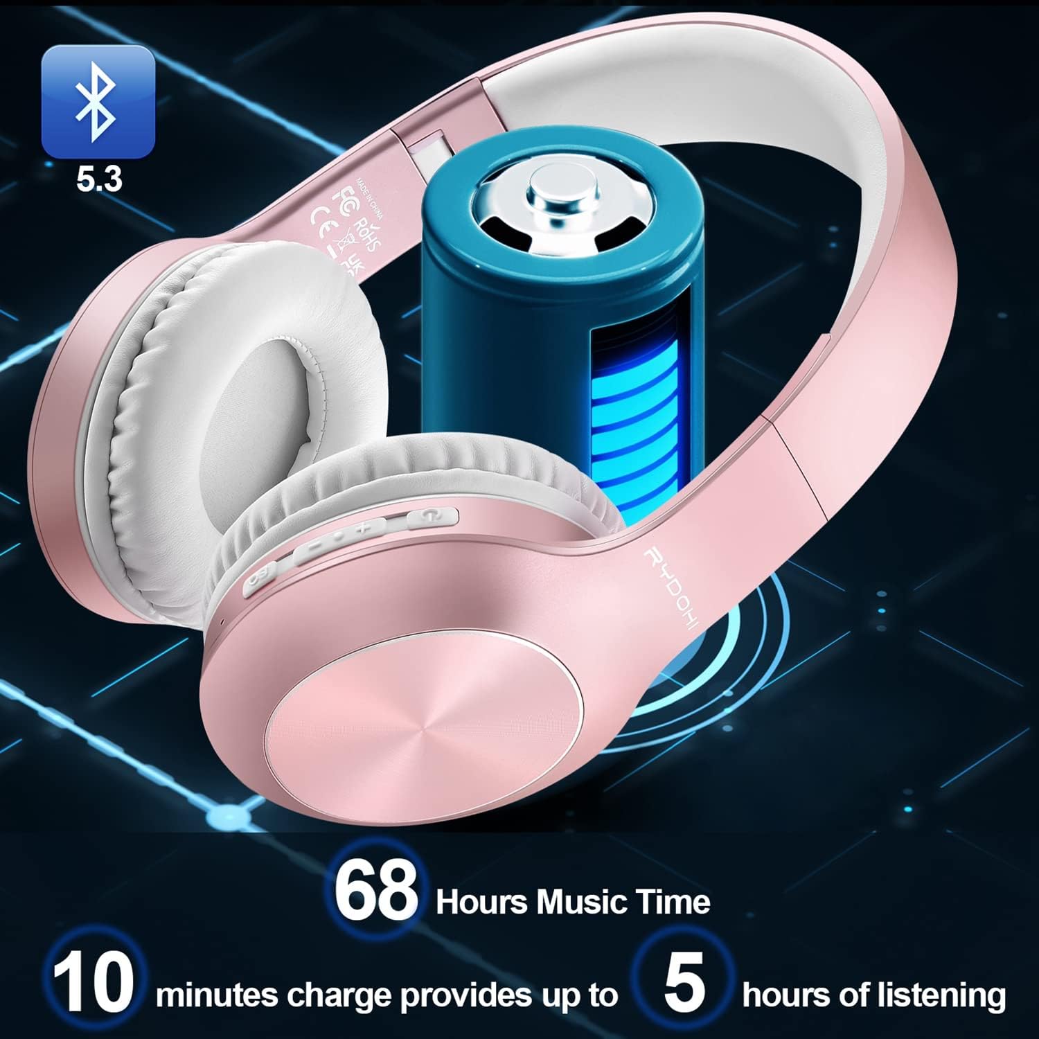 Bluetooth Over Ear Headphones 68H Playtime Deep Bass Foldable Mic