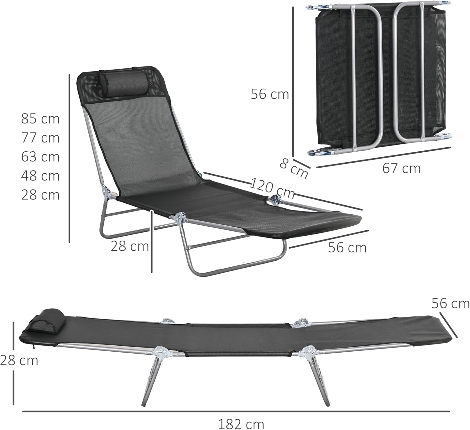 2 Foldable Sun Lounger Chairs Adjustable Recliner Black