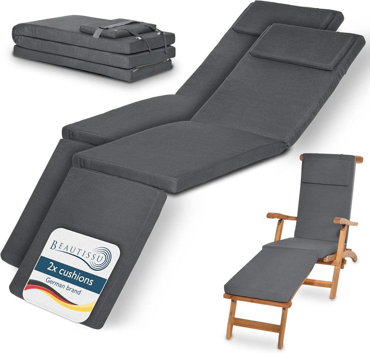 2 Pack Sun Lounger Cushion Pads 175x45x5cm Grey