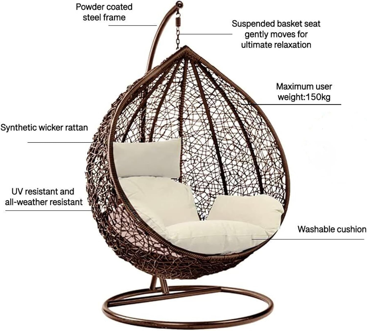 Rattan Hanging Egg Chair with Stand Black Brown