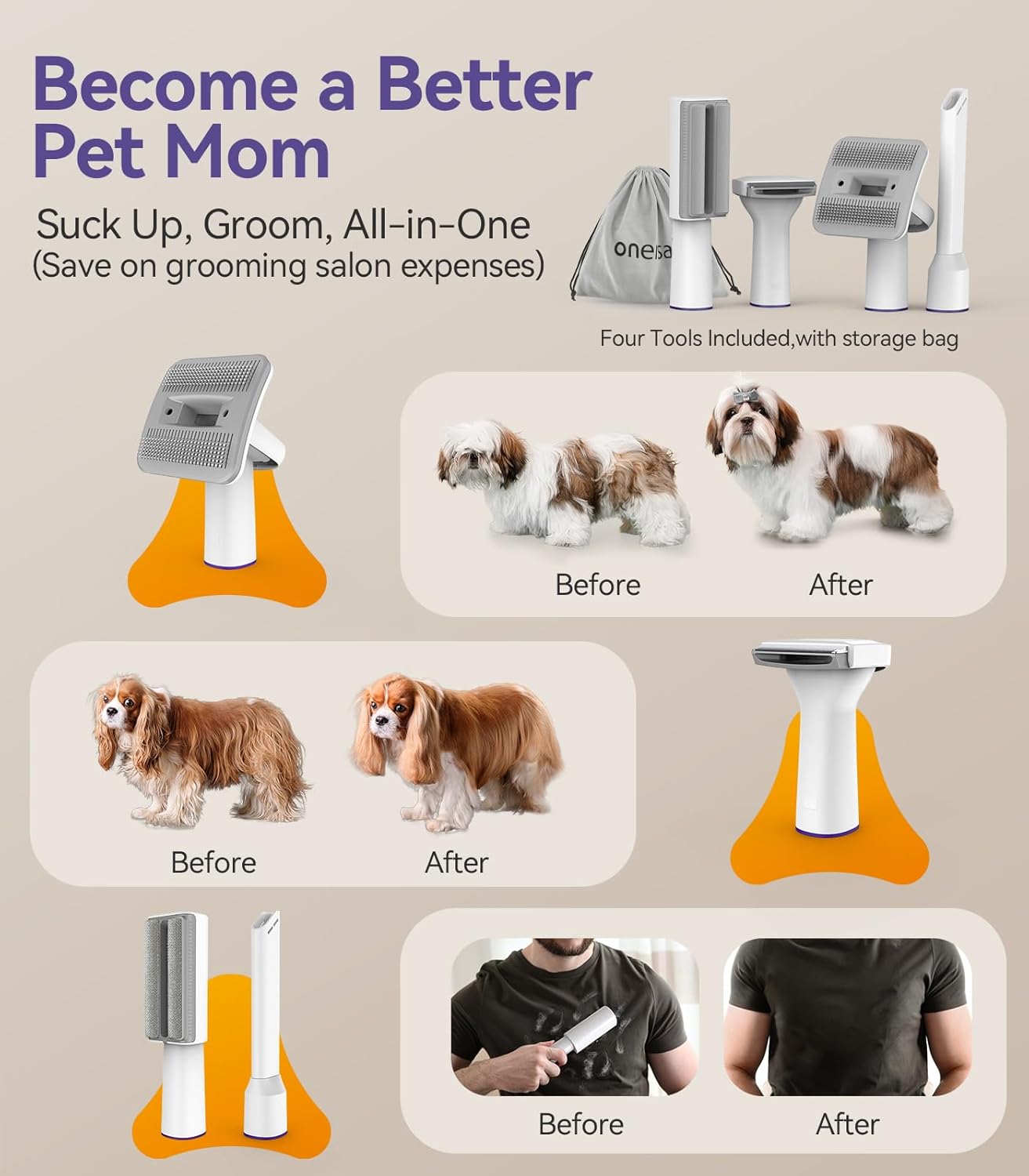 Dog Grooming Vacuum Kit Pet Hair Remover Brush 4 Tools