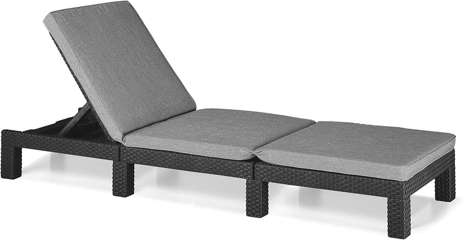 Rattan Effect Sun Lounger Adjustable Headrest Cushion Grey