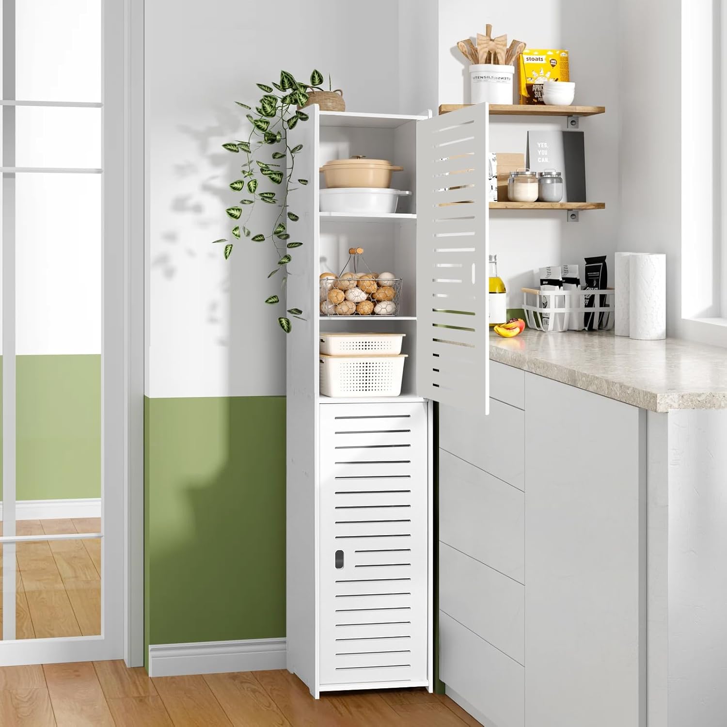 Tall Bathroom Storage Cabinet 5 Shelf Floor Unit White