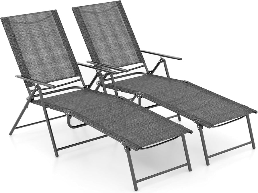 2 Folding Sun Loungers 6 Position Recliner Chairs Grey