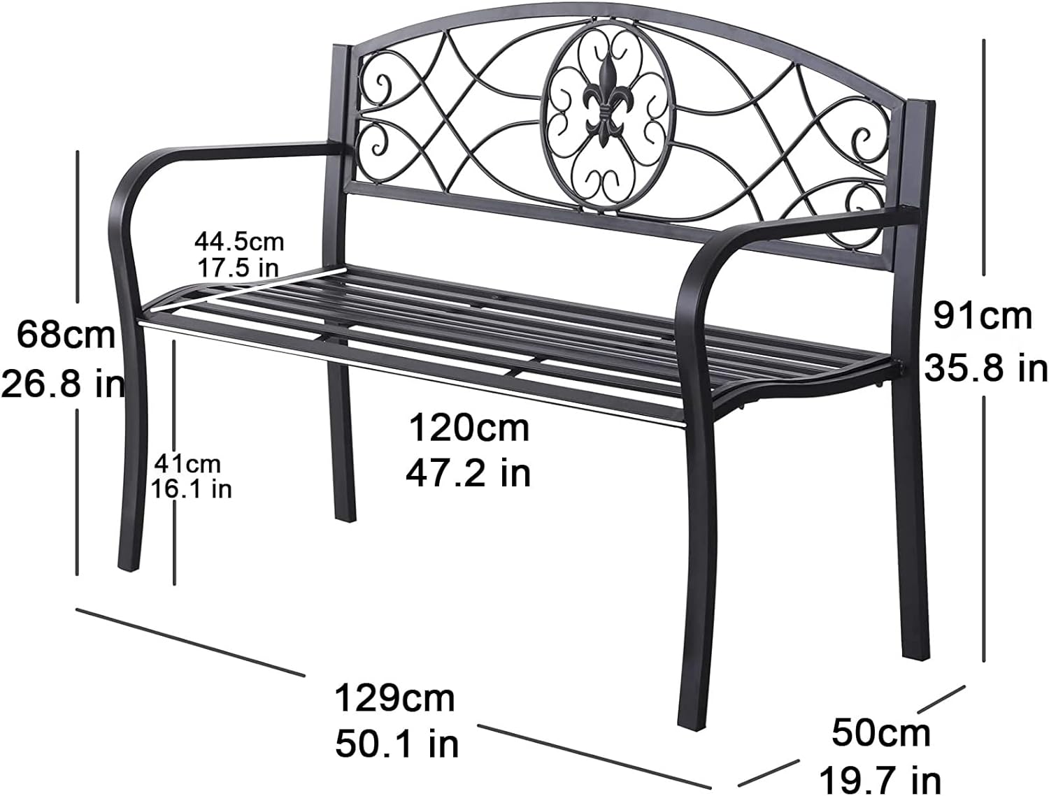 Outdoor Garden Bench 3 Seater Metal Patio Park Bench Ergonomic Seat