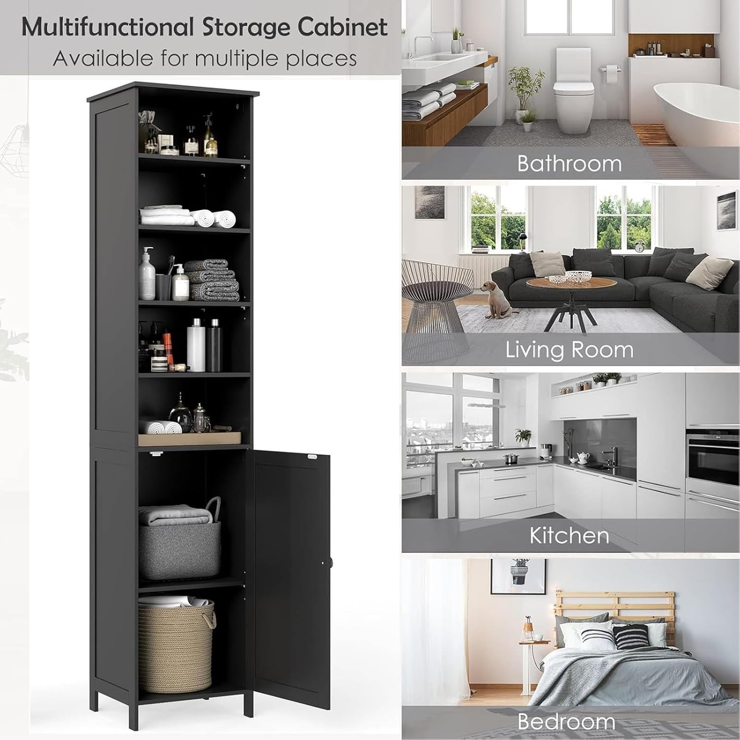 Slim Tall Bathroom Storage Cabinet 5 Shelf Cupboard Black