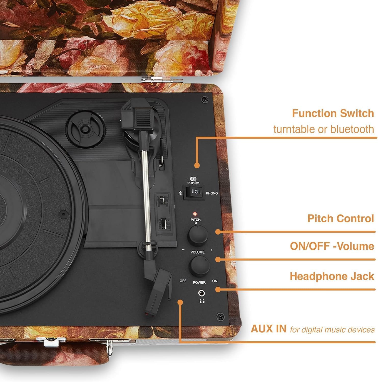 Portable 3-Speed Bluetooth Vinyl Record Player with Stereo Speakers & AUX