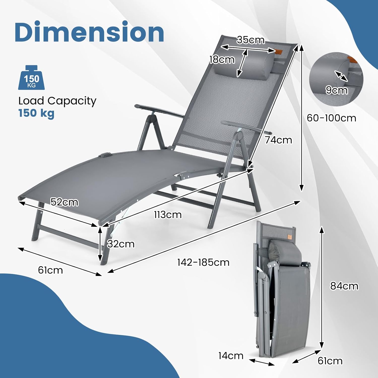 Folding Sun Lounger 7 Position Recliner Grey 150kg