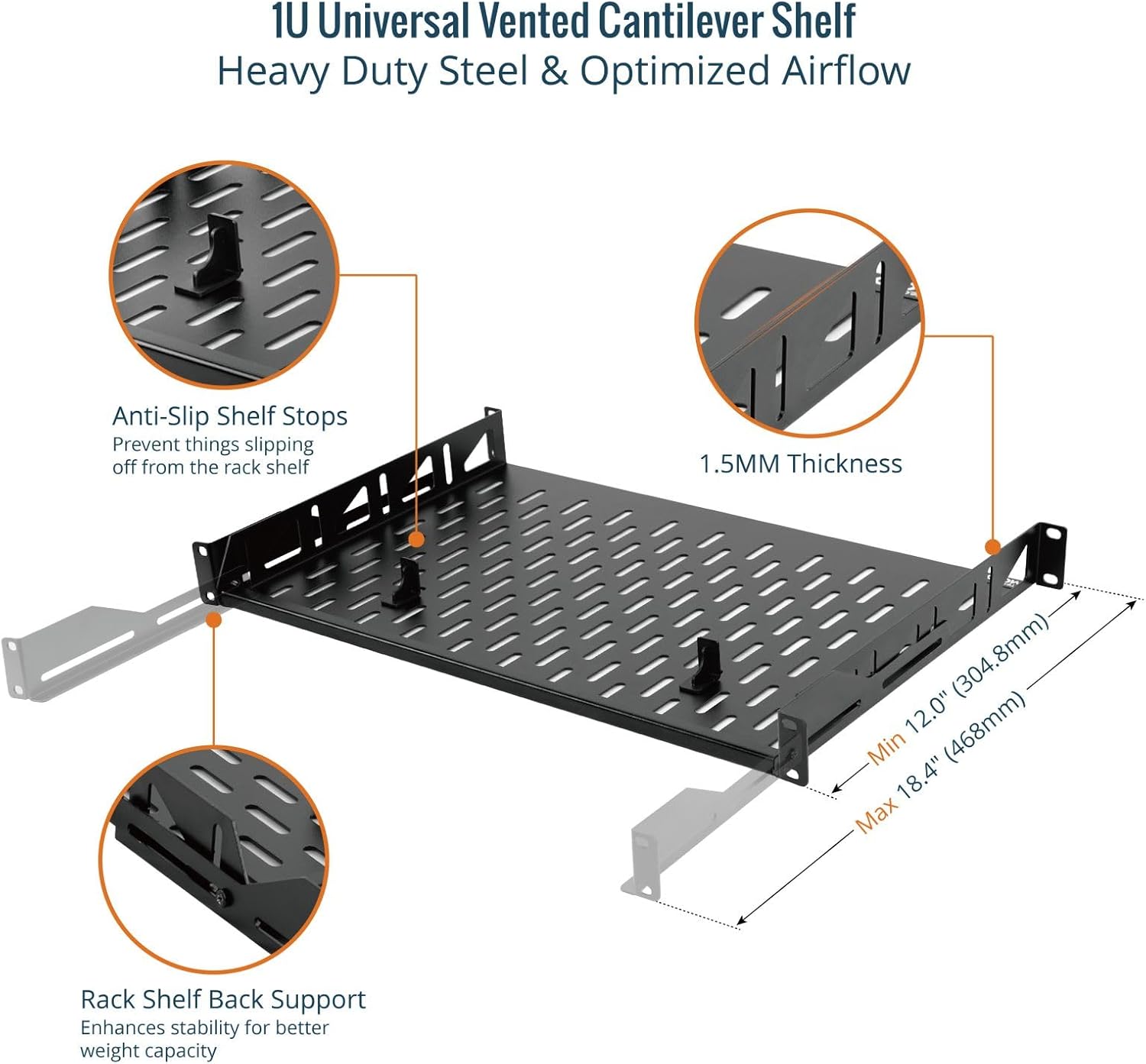 1U Server Rack Shelf 12in Depth 19 Inch Black