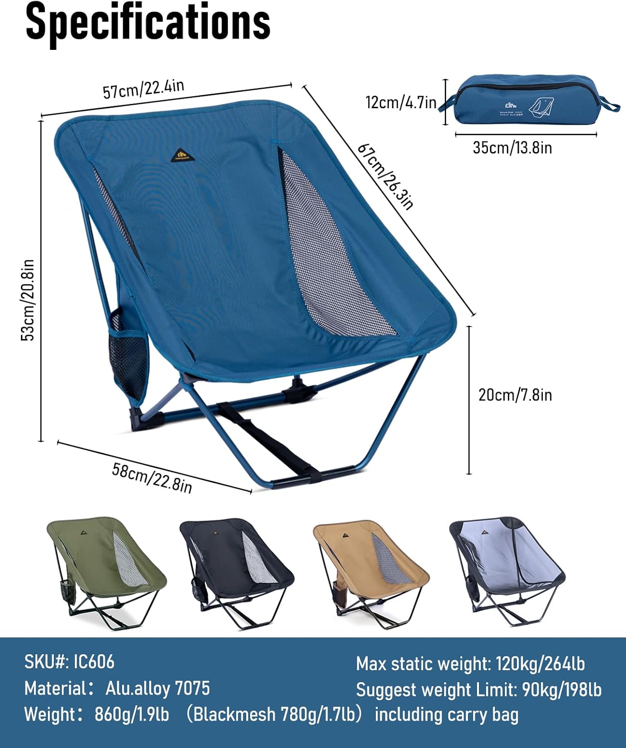 Ultralight Low Camping Chair with Side Pocket Blue