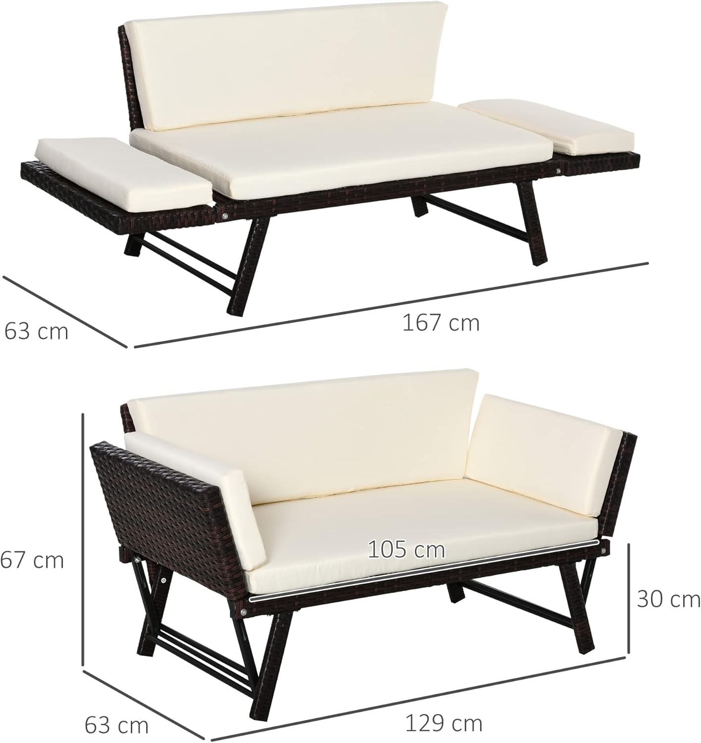 Rattan Garden Sofa Bed Convertible Bench Lounger Brown