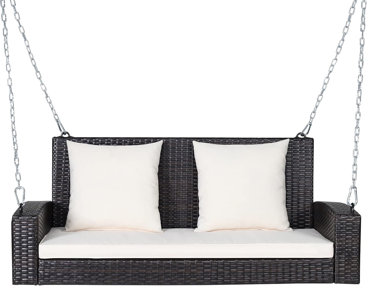 2 Person Rattan Swing Bench with Stand White Cushions