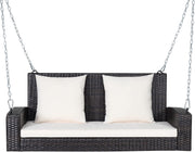 2 Person Rattan Swing Bench with Stand White Cushions
