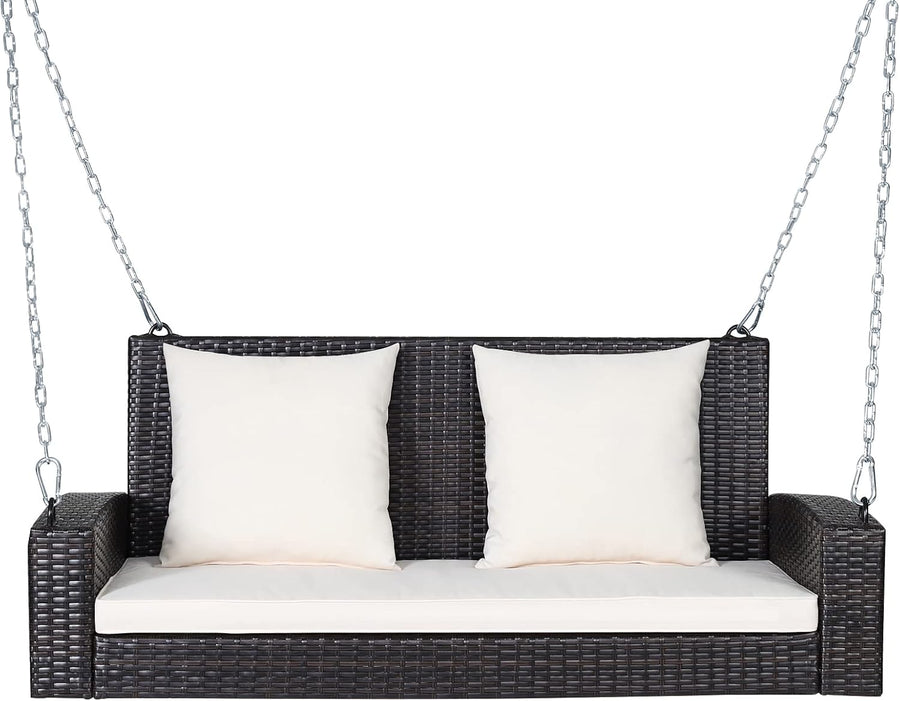 2 Person Rattan Swing Bench with Stand White Cushions