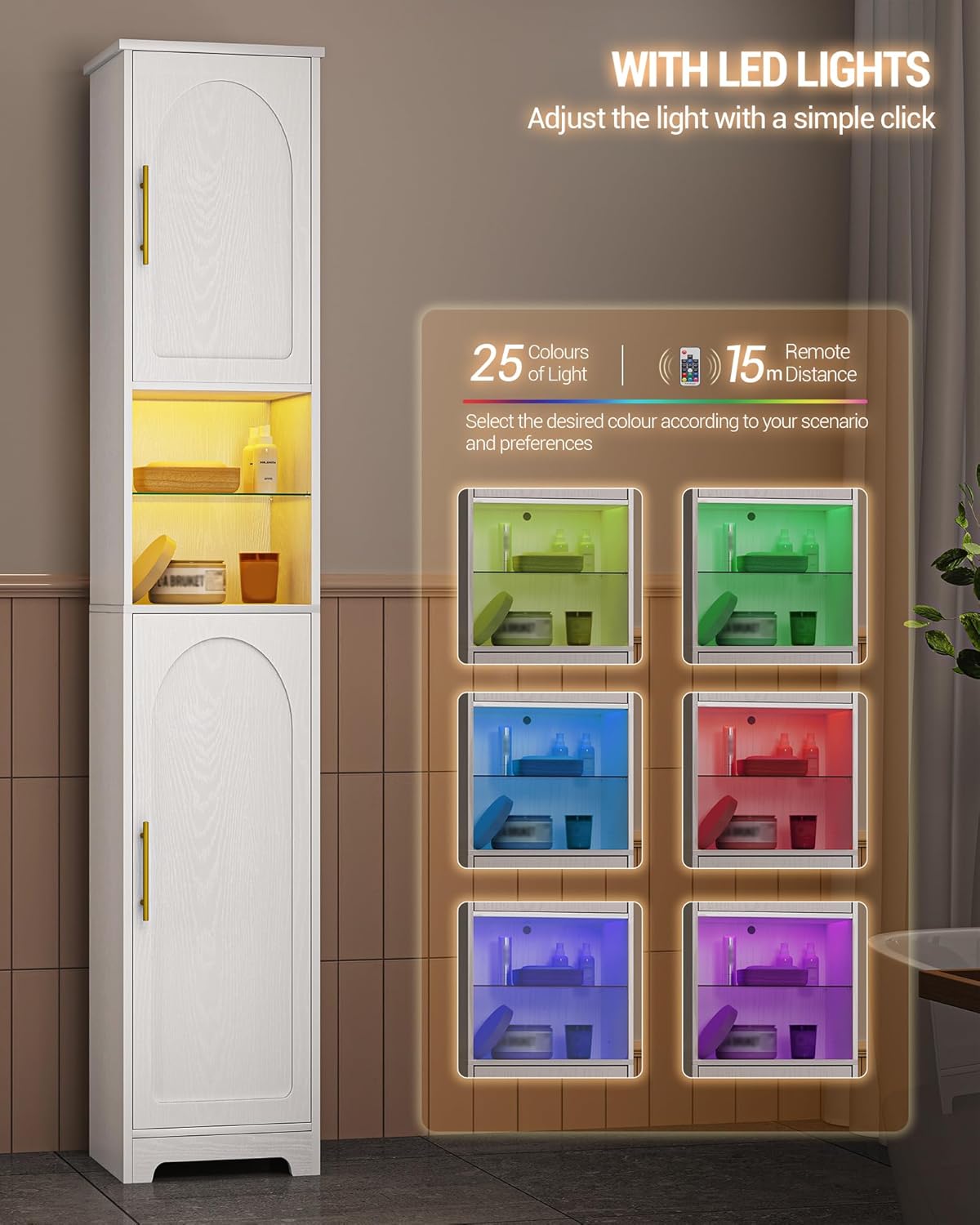 LED Tall Bathroom Storage Cabinet Remote Light Slim White 170cm
