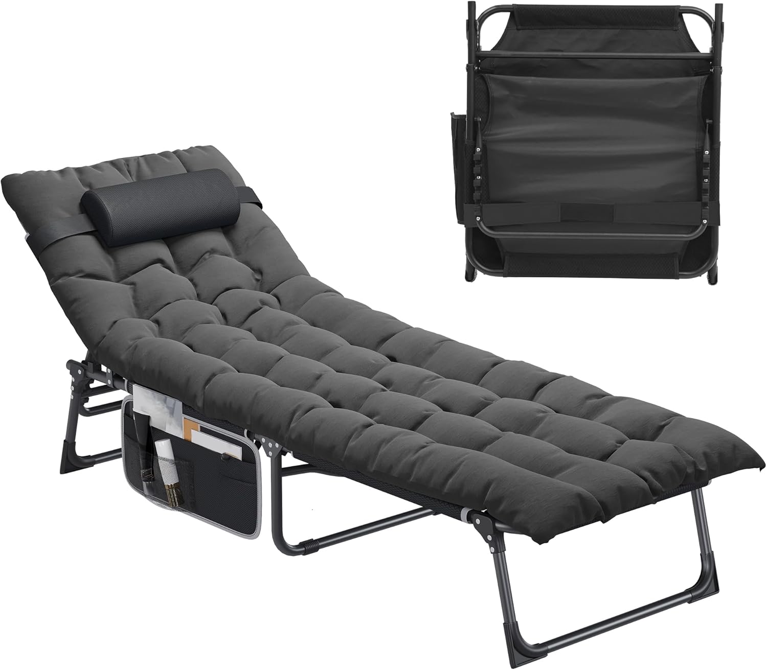Folding Reclining Sun Lounger Bed with Cushion Pocket Black