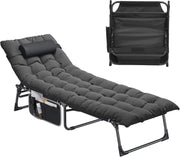 Folding Reclining Sun Lounger Bed with Cushion Pocket Black