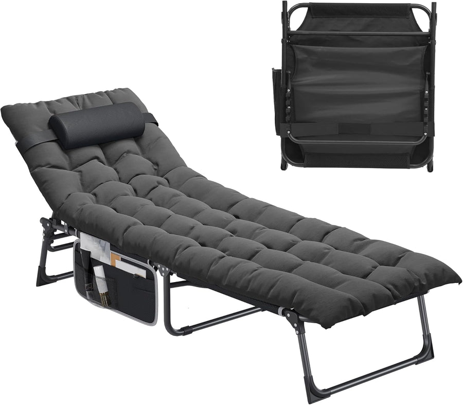 Folding Reclining Sun Lounger Bed with Cushion Pocket Black