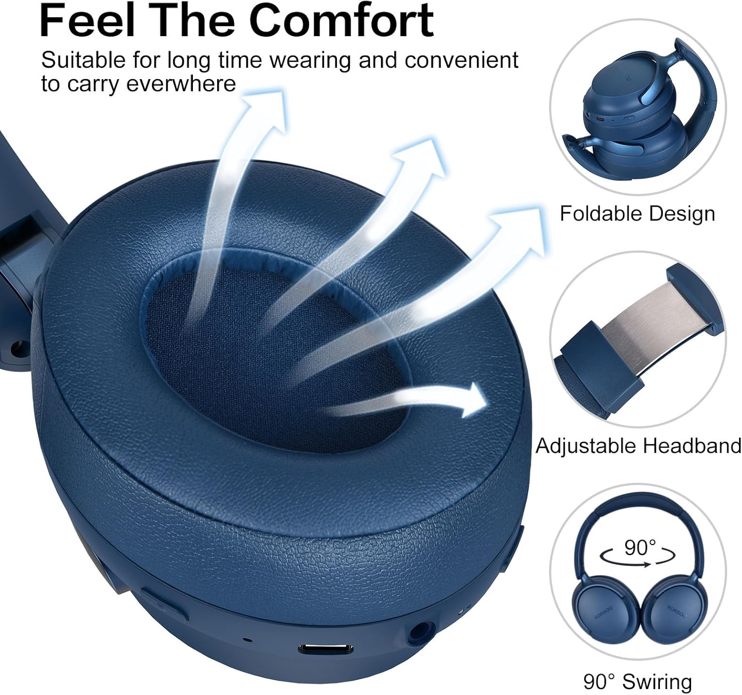Bluetooth Over Ear Headphones Deep Bass 50H Playtime 6 EQ Modes