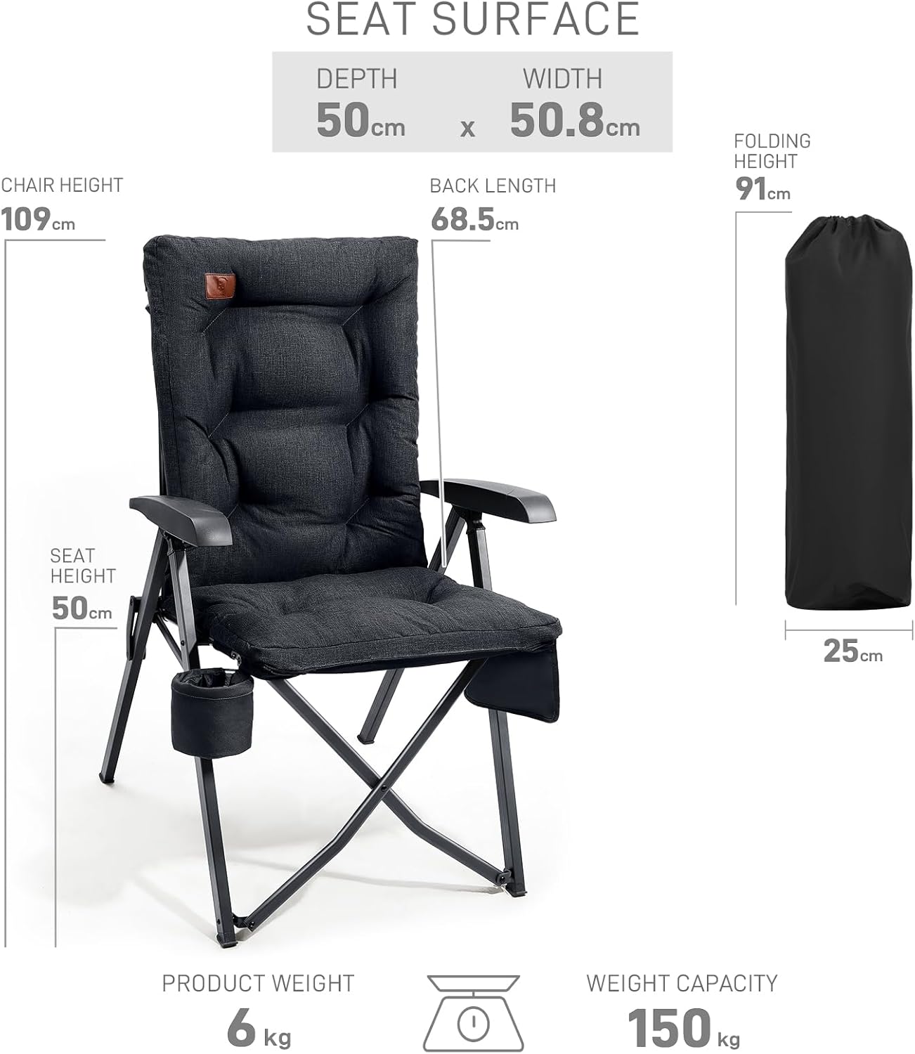 Luxury Reclining Camping Chair High Back Black 150kg