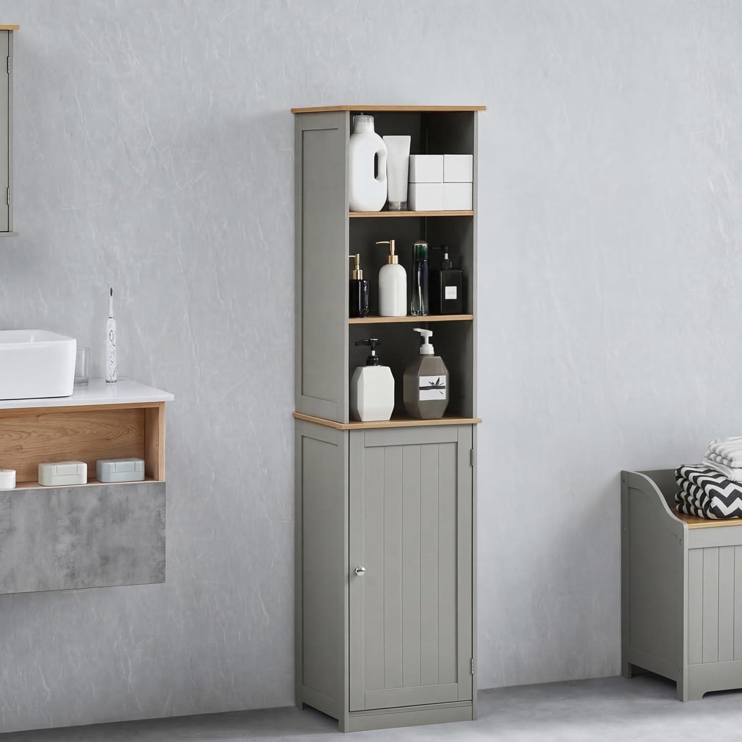 Grey Oak Tall Bathroom Cabinet Floor Standing Storage Unit