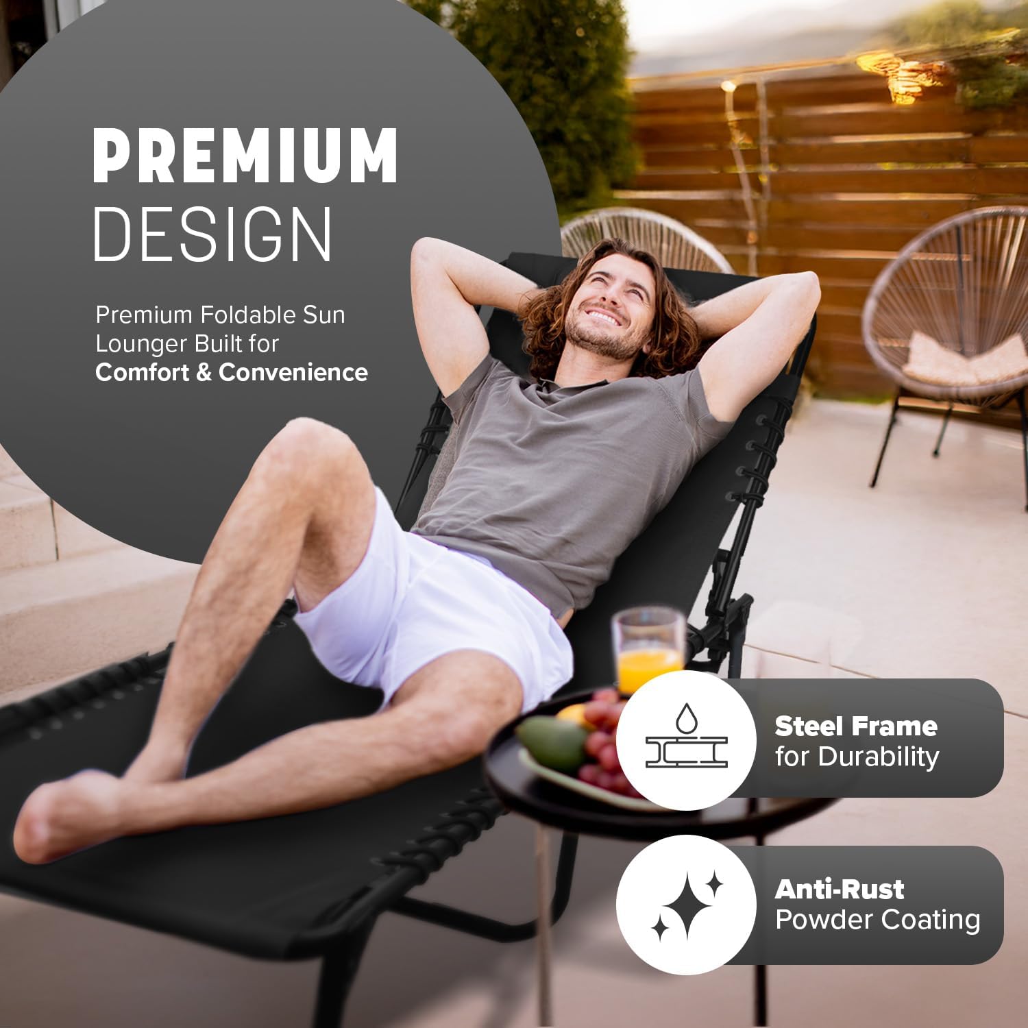 Foldable Recliner Sun Lounger Charcoal Black Lightweight
