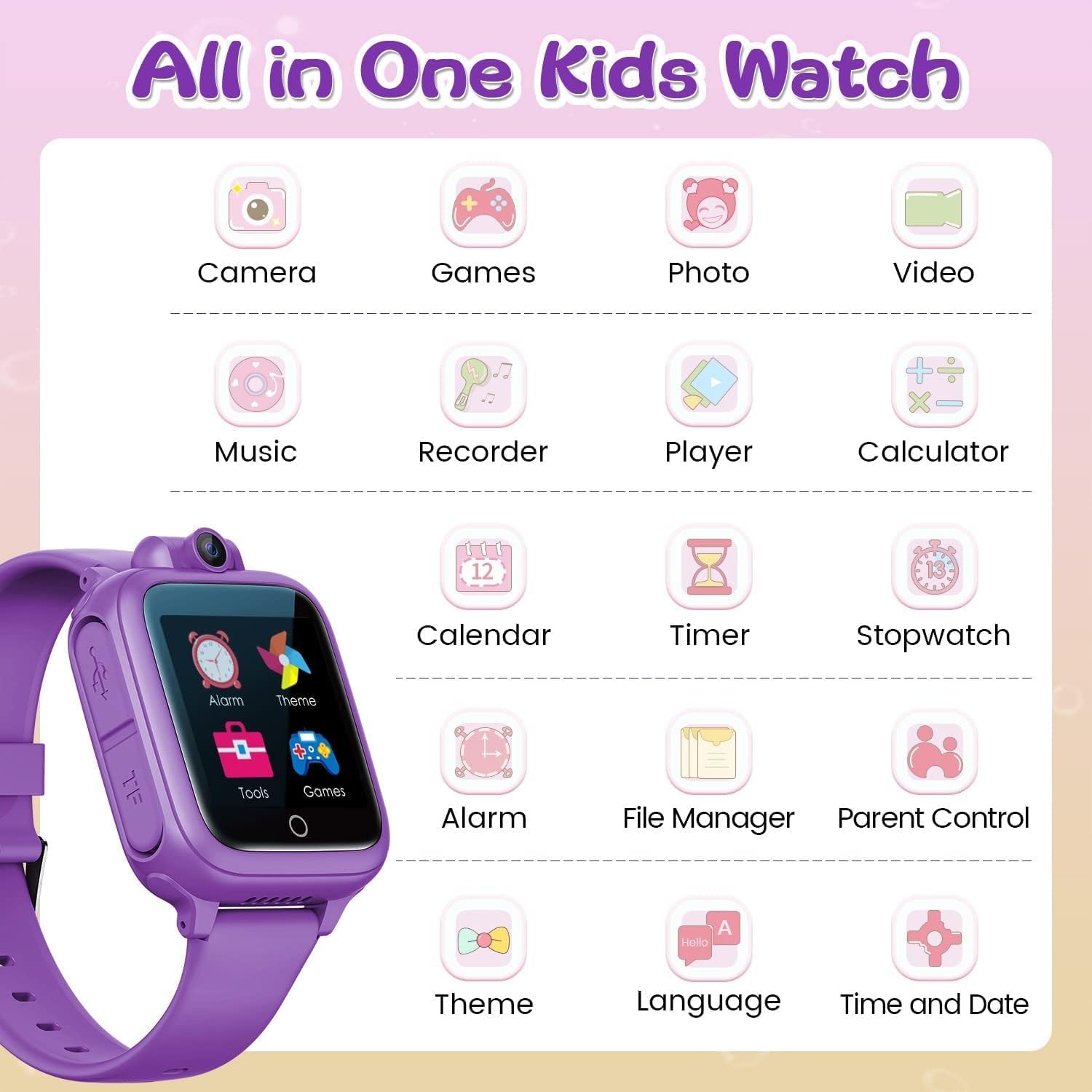 Kids Purple Smart Watch Camera Games Music Toy