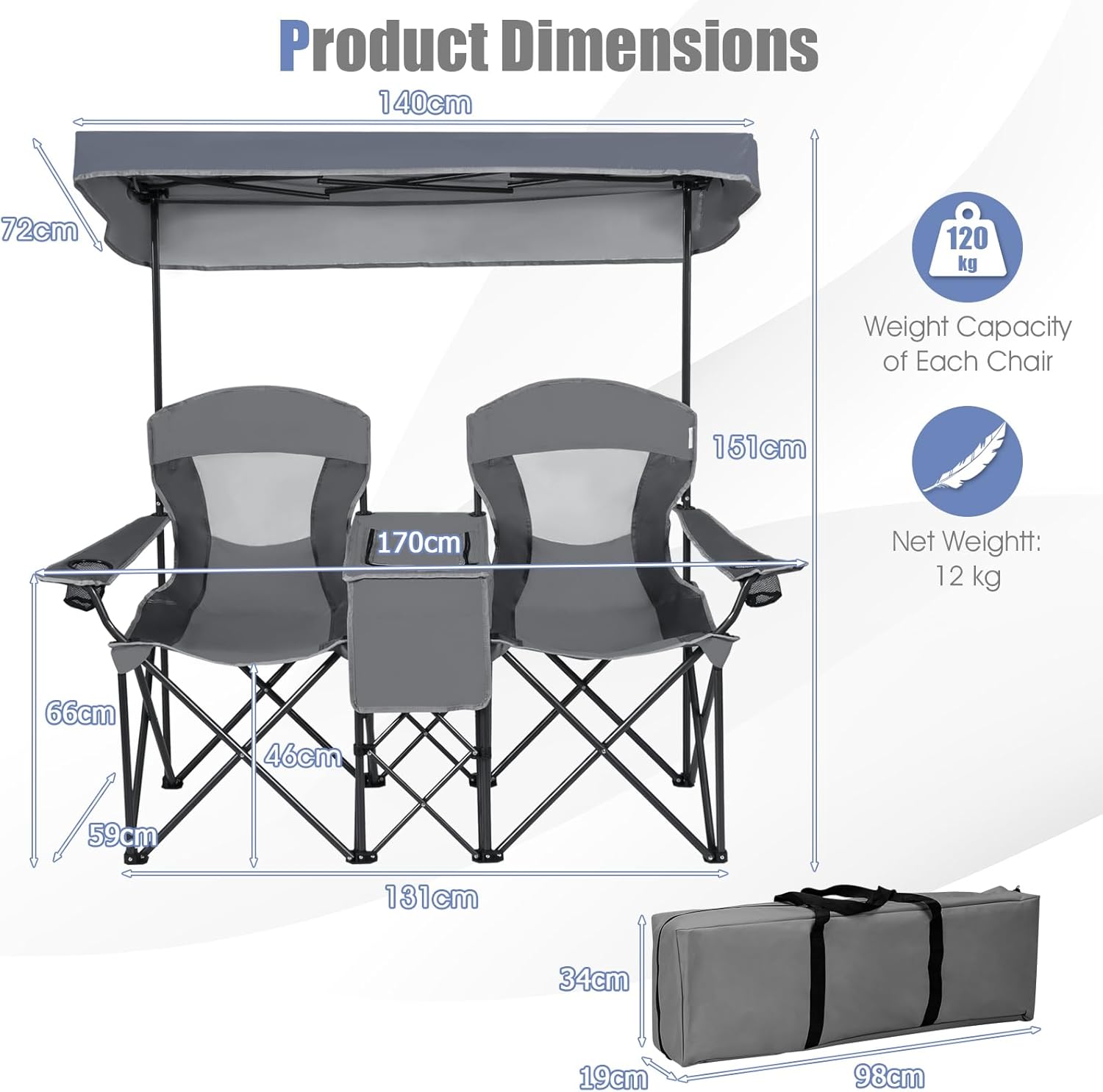 Double Camping Chair with Canopy Cooler Bag Cup Holders Grey