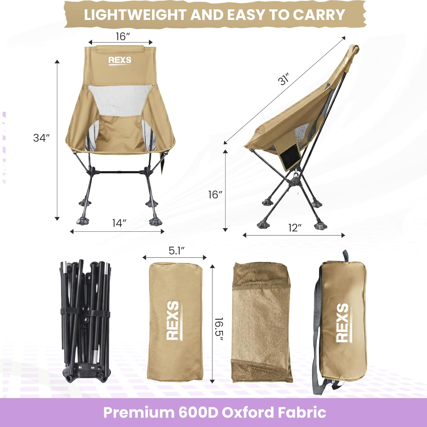 Ultralight Backpacking Chair High Back 330lb Brown