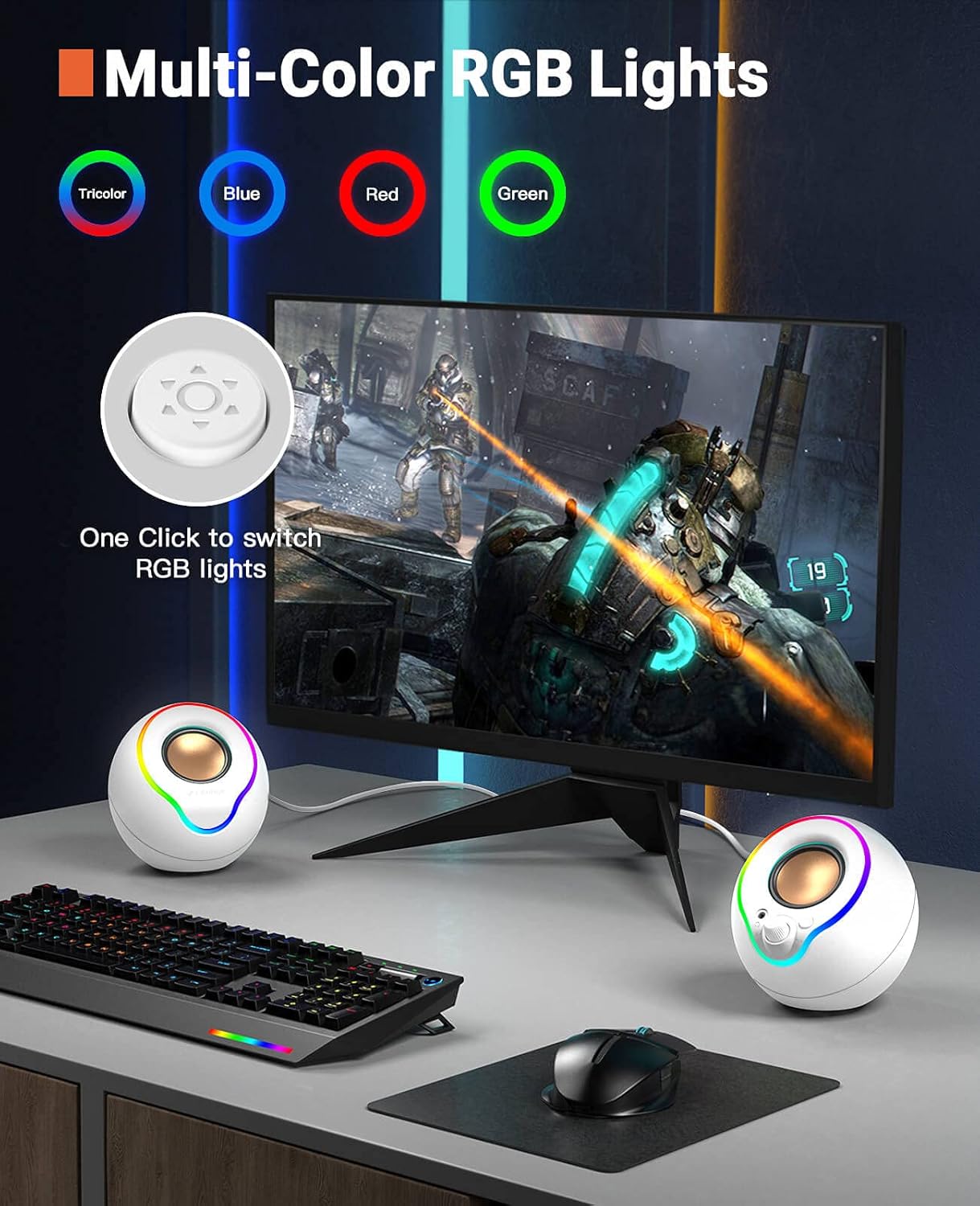 Bluetooth PC Speakers Stereo Desktop Touch RGB Lights White