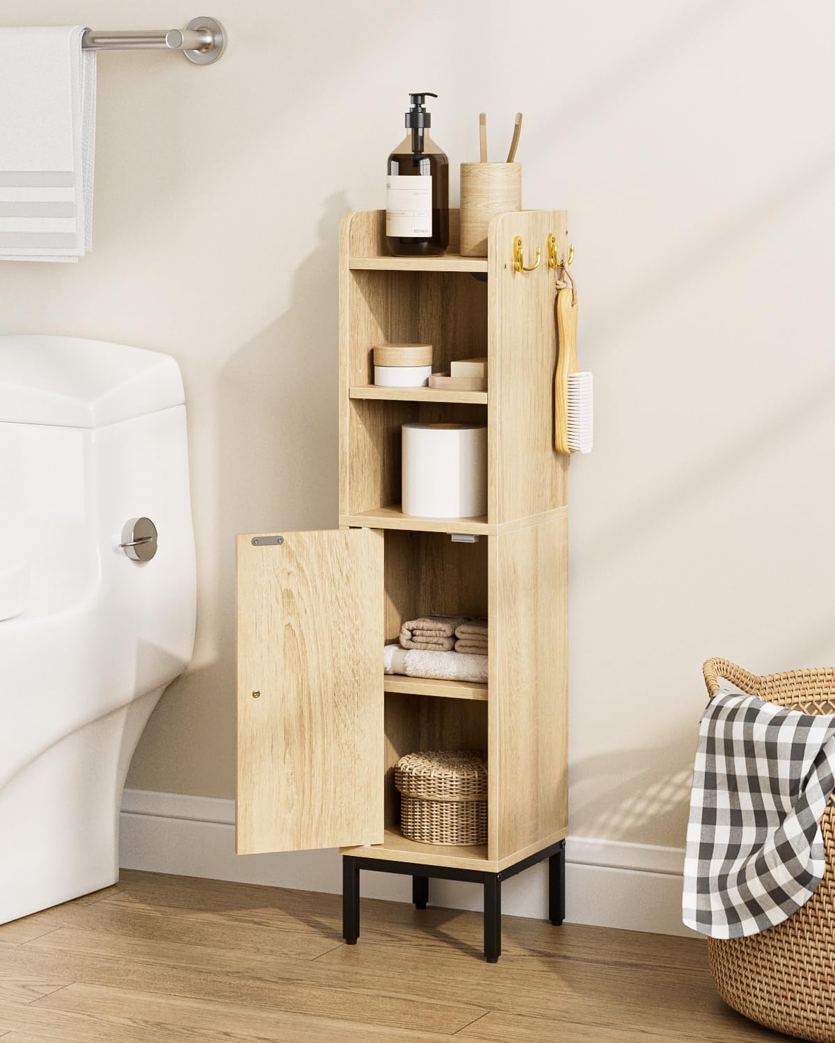 Slim Tall Bathroom Storage Cabinet Waterproof Oak Rattan Unit
